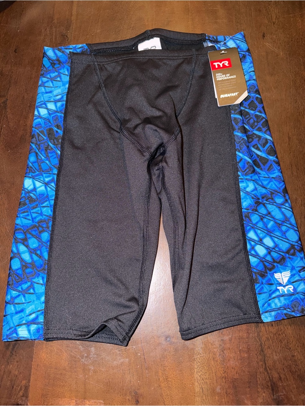 TYR Men’s Black Swim Jammer with Blue Patterned Side Panels